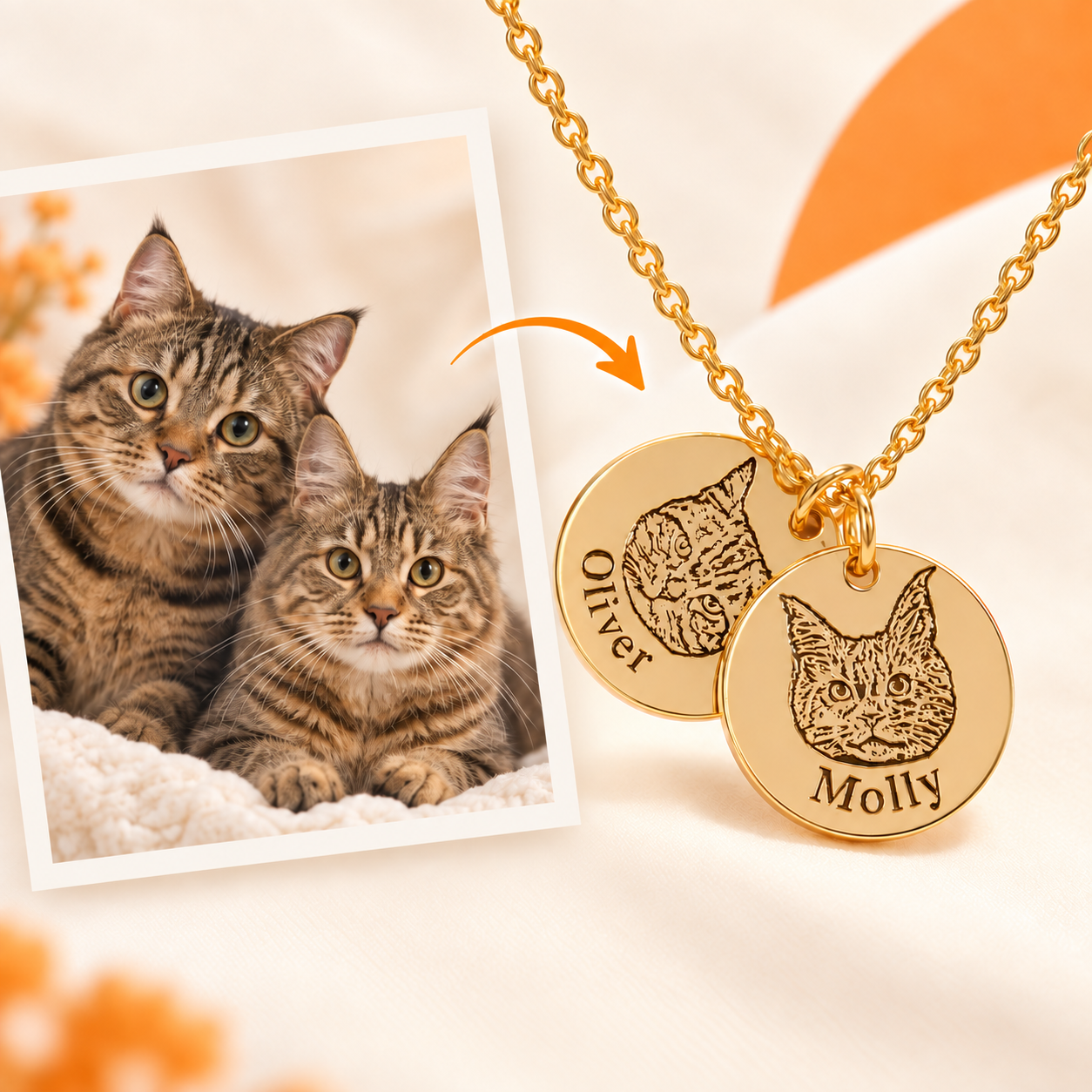 Two tabby cats and their engraved necklace