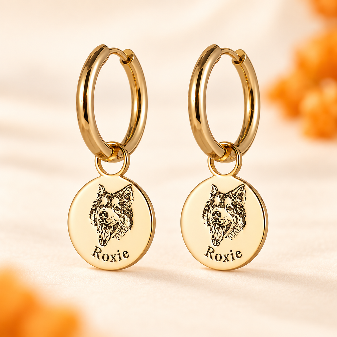 PopyPets pet face earrings with personalized portrait pendants