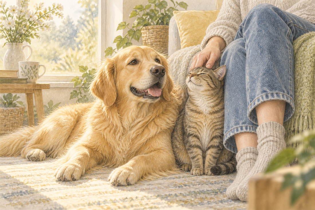 Illustration of a golden retriever and tabby cat sharing a quiet moment beside their person.